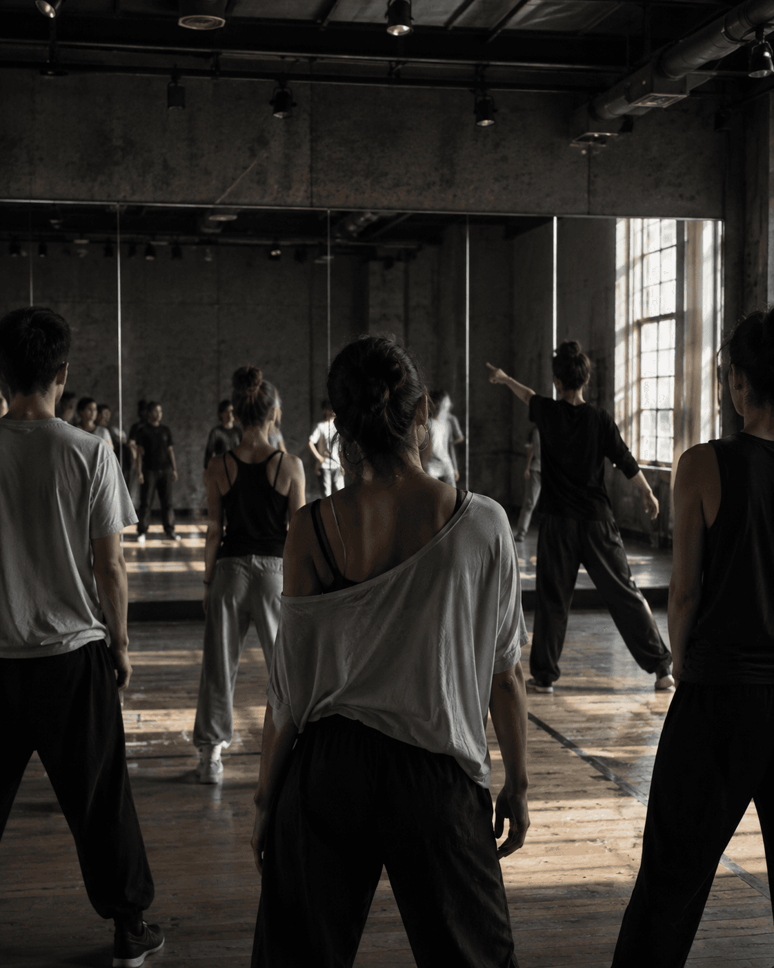 A class seen from the back of the room, dancers watching the teacher work the count at the front, the mirror doubling everyone in it.