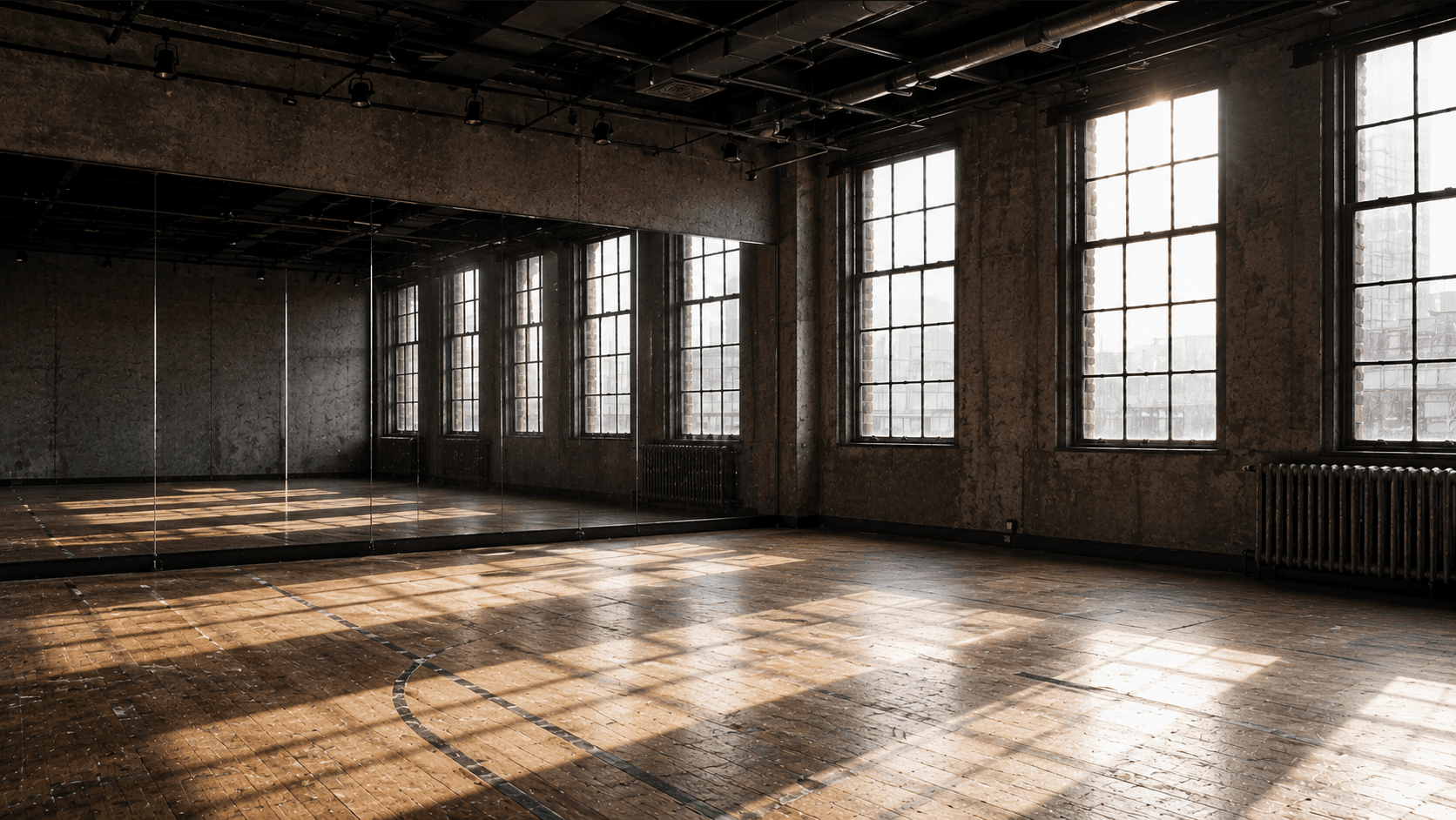 The third-floor studio empty before class, sprung floor and mirrored wall running the length of the room, afternoon light coming through industrial windows.
