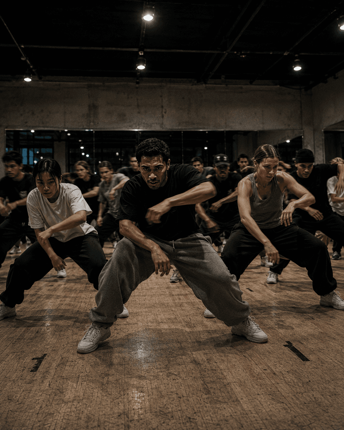 A Hip-Hop class dropped into the bounce on the same count, twenty bodies low over bent knees, the back row blurred by the movement.