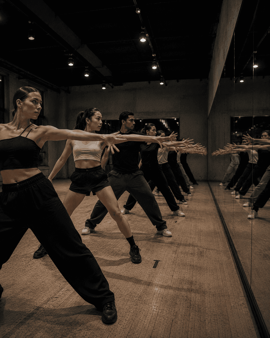 A Jazz-Funk line hitting the same count together, arms extended toward the mirror, doubled down the length of the mirrored wall.