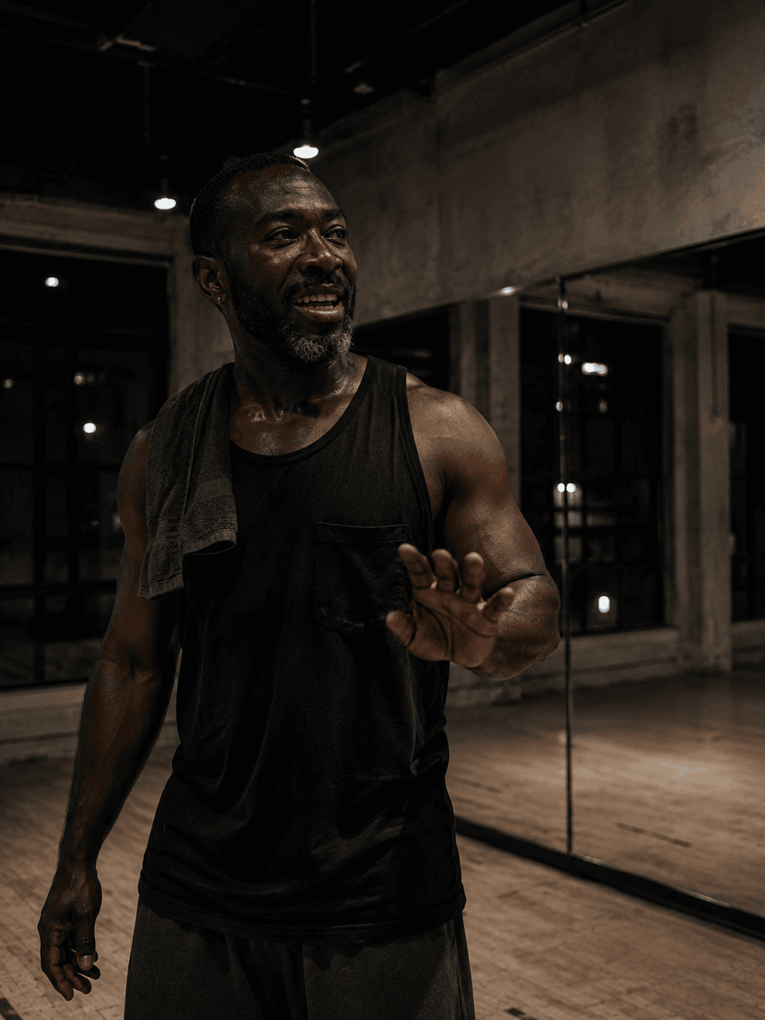 Kwame Osei laughing mid-sentence with one hand raised to count the room in, a towel over his shoulder.