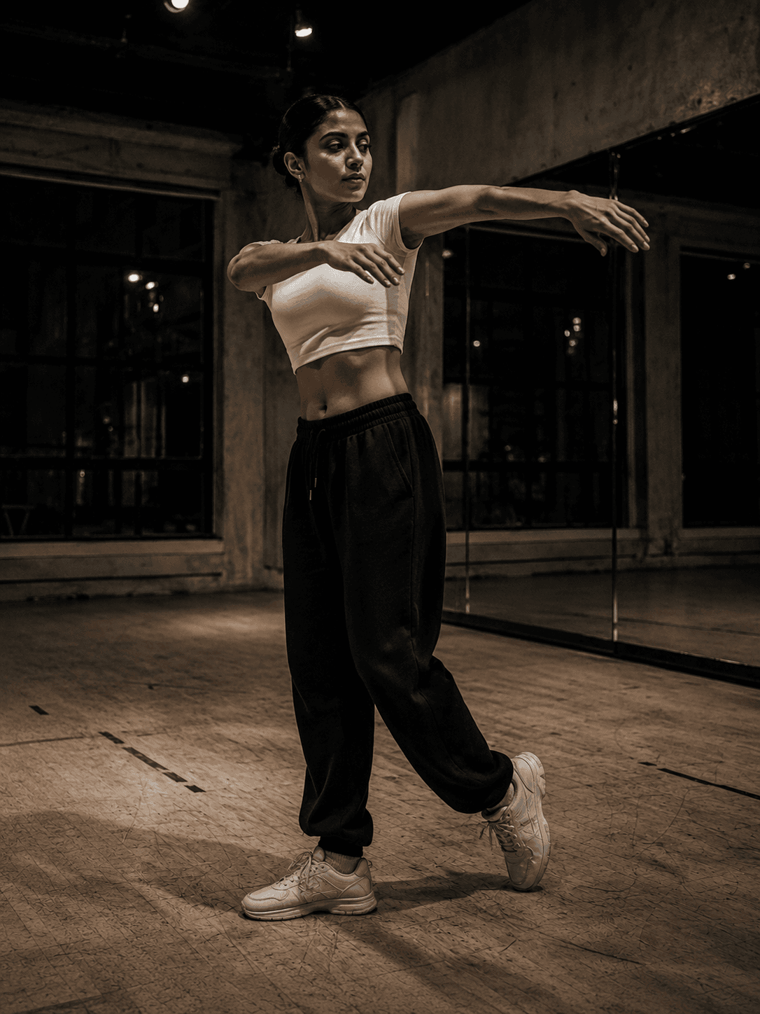 Priya Raman holding the last shape of a phrase, arms locked into line, watching her reflection off-camera.