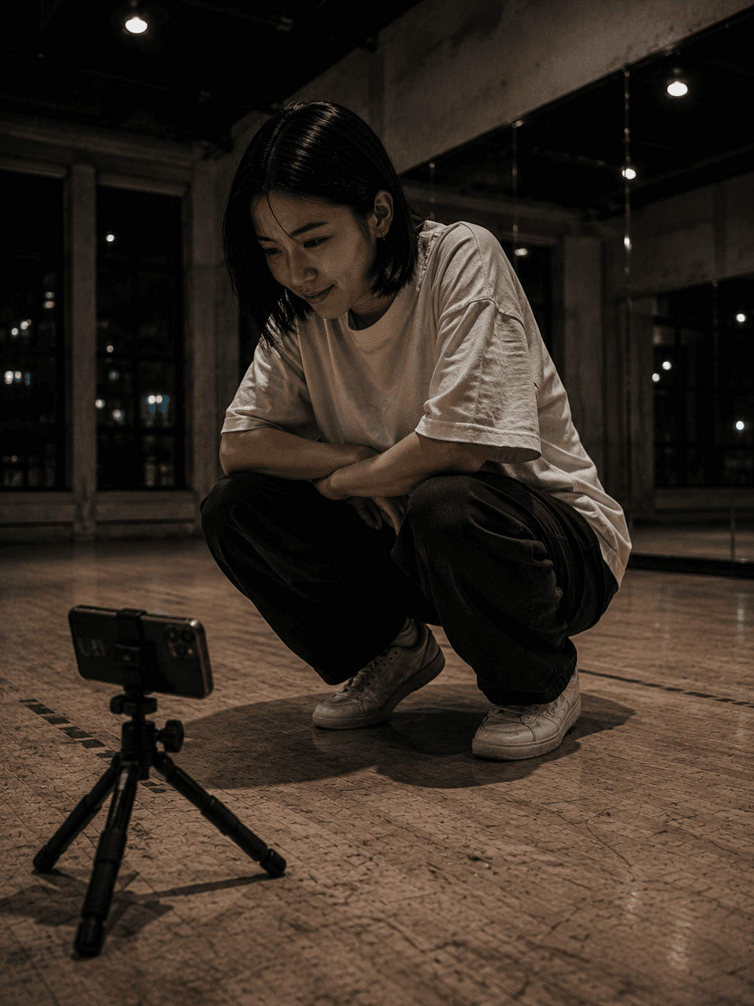 Sunmi Bae crouched beside a phone on a tripod, replaying a take and half-smiling at what she is watching.